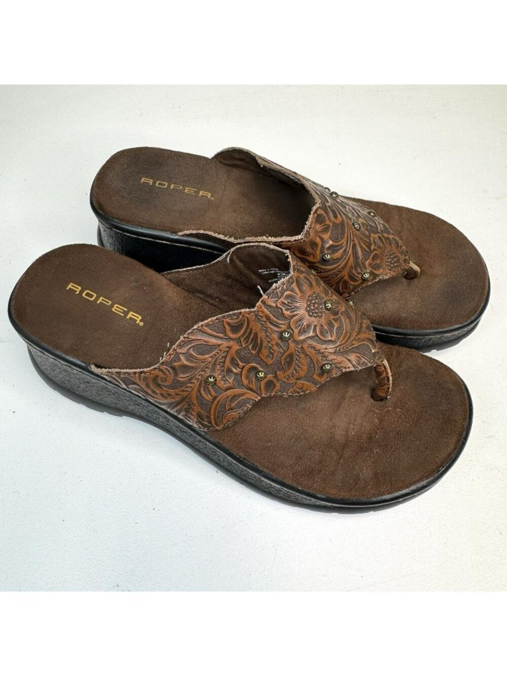 Roper Western Platform Thong Sandals Womens US 9 Brown Tooled Leather Shoes Y2K